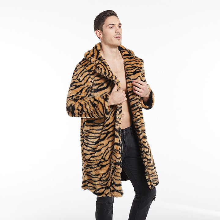 Men's tiger print faux fur coat with oversized collar Lune London
