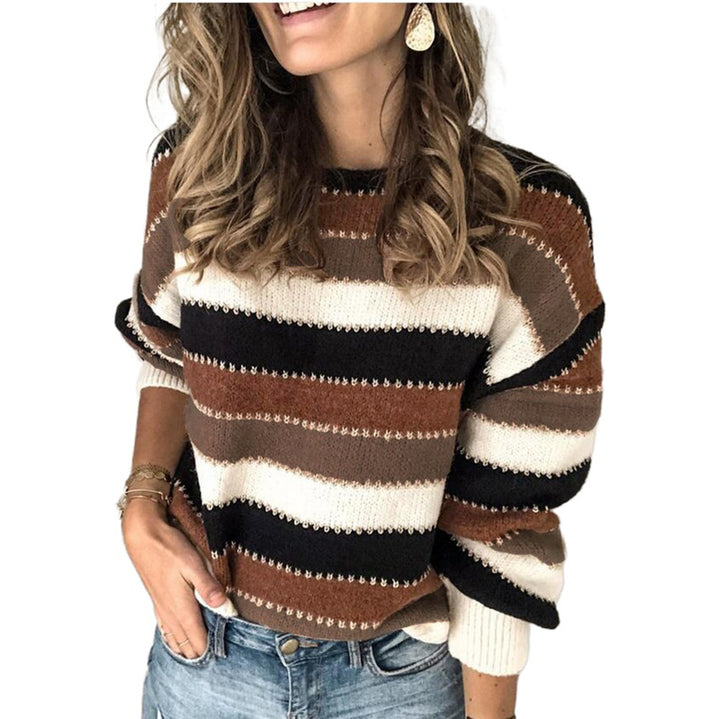 Pull décontracté pour femmes au look rayé à la mode avec des manches volumineuses Chic & Stil