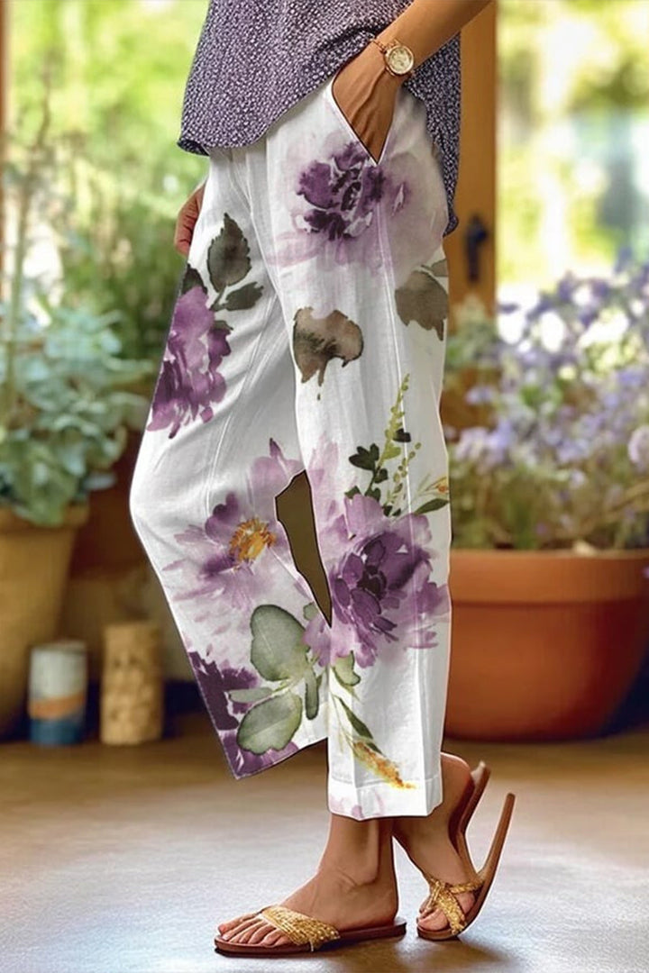 Lune London | Casual Floral Patchwork Loose Mid Waist Straight Full Print Pants