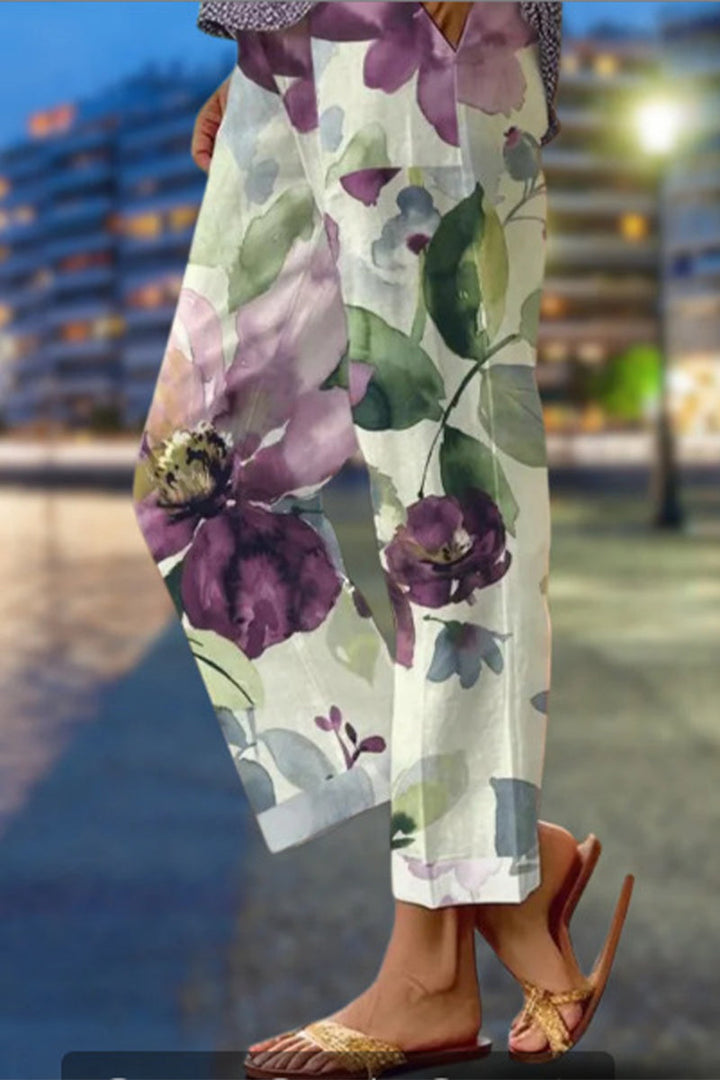 Lune London | Casual Floral Patchwork Loose Mid Waist Straight Full Print Pants