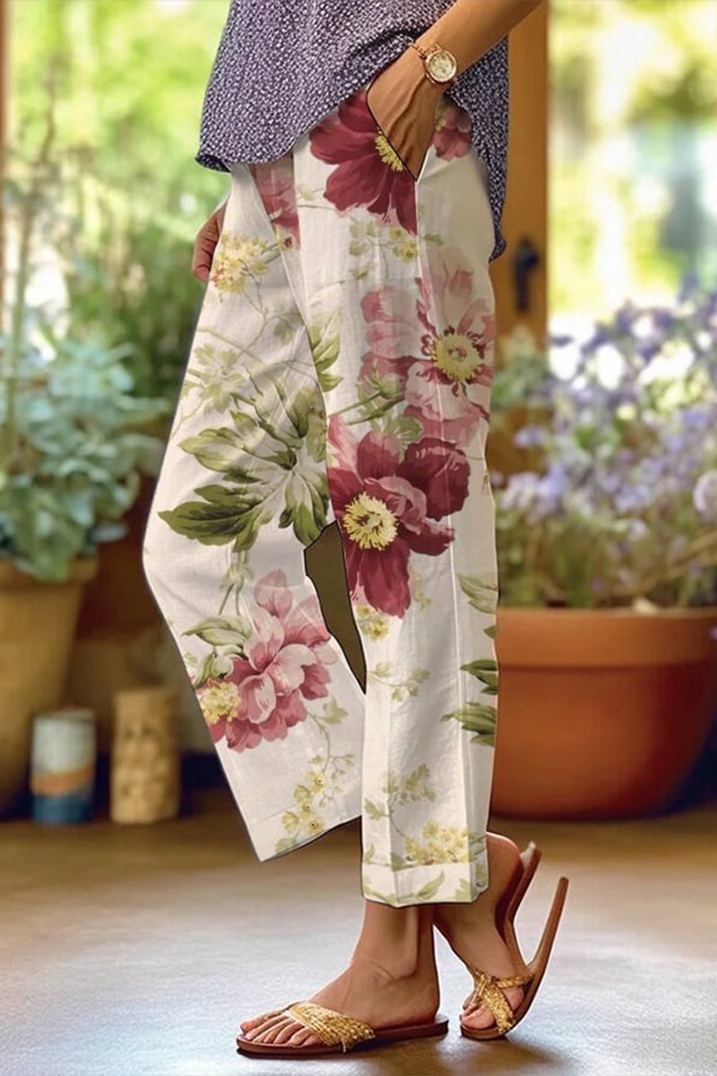 Lune London | Casual Floral Patchwork Loose Mid Waist Straight Full Print Pants