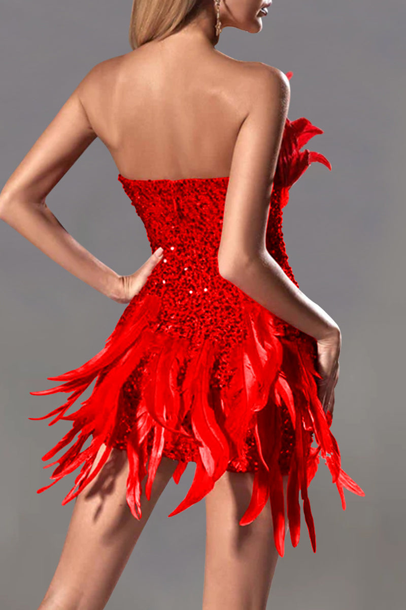 Lune London | Sexy Solid Sequins Patchwork Feathers Zipper Strapless Wrapped Skirt Dresses - 4 Colors