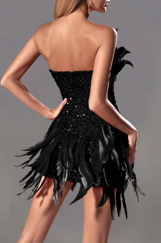 Lune London | Sexy Solid Sequins Patchwork Feathers Zipper Strapless Wrapped Skirt Dresses - 4 Colors