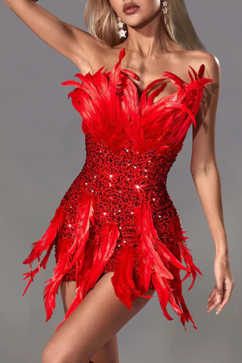 Lune London | Sexy Solid Sequins Patchwork Feathers Zipper Strapless Wrapped Skirt Dresses - 4 Colors