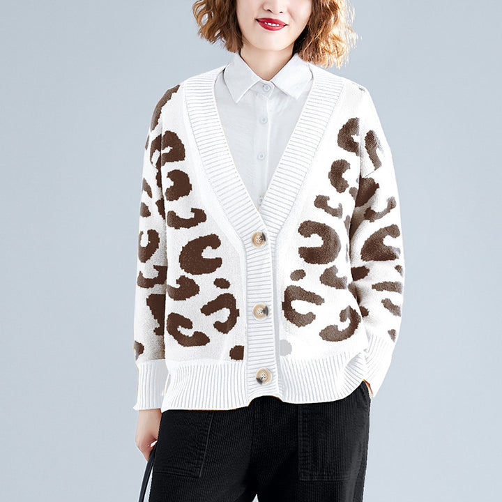Ladies chunky knit cardigan with a striking leopard print and large button details Lune London