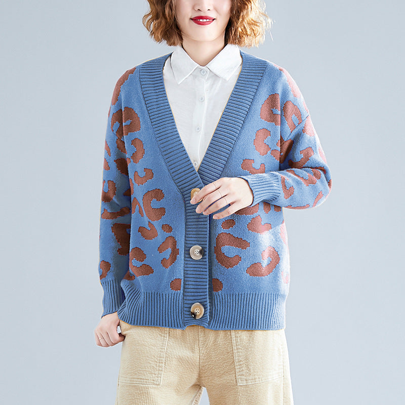 Ladies chunky knit cardigan with a striking leopard print and large button details Lune London