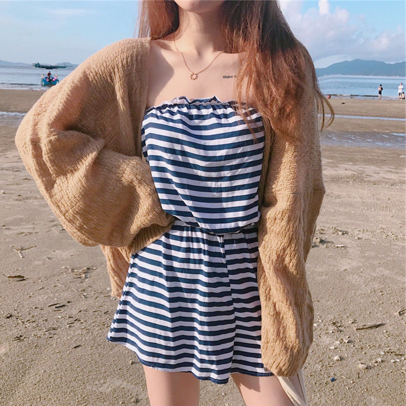 Casual striped dress for women with elastic top and flared skirt Lune London