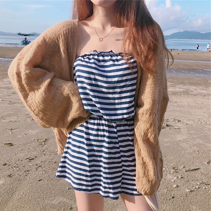 Casual striped dress for women with elastic top and flared skirt Lune London