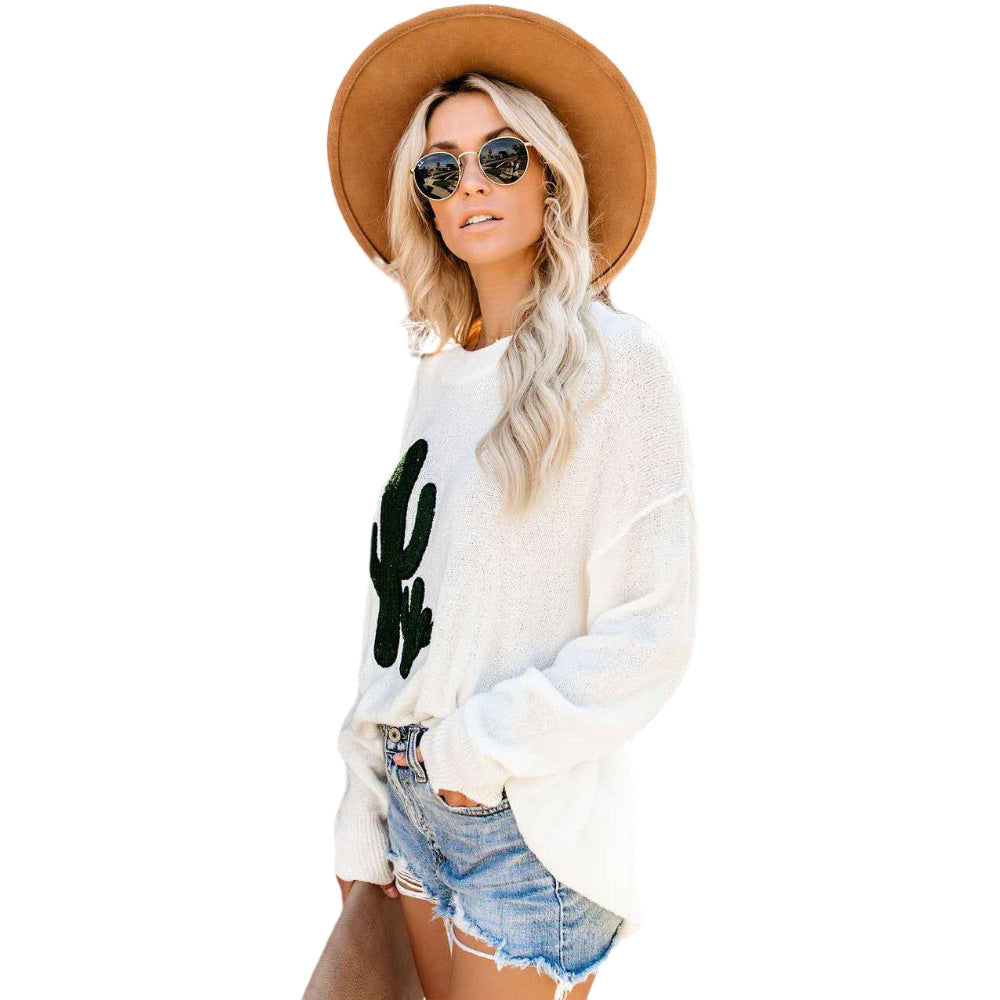 Sweater surdimensionné pour femmes avec un design de cactus décontracté et un col rond Chic & Stil