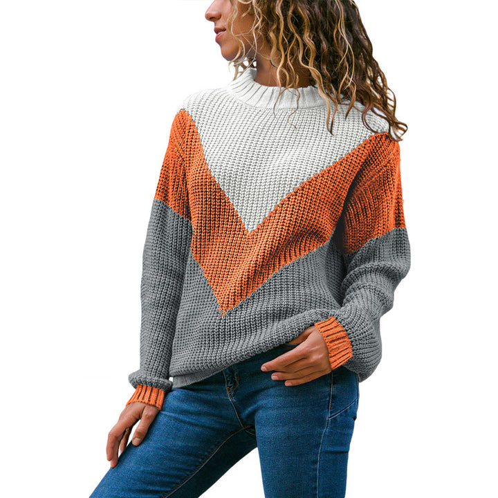 Women's thick knit sweater with a modern V-neck and a chic color block design