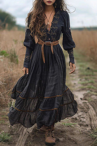 Lune London | Casual Flower Embroidered Frayed V-Neck A-Line Dresses No Waist Belt