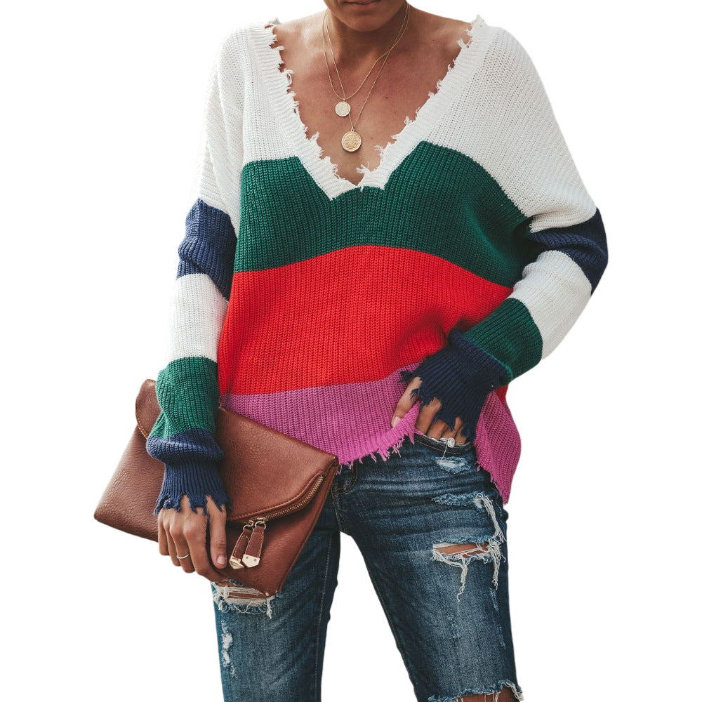 Pull en tricot décontracté pour femmes avec un profond col en V et un motif rayé tendance Chic & Stil