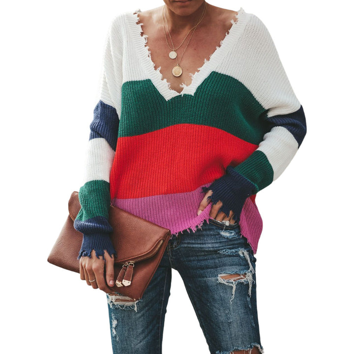 Pull en tricot décontracté pour femmes avec un profond col en V et un motif rayé tendance Chic & Stil