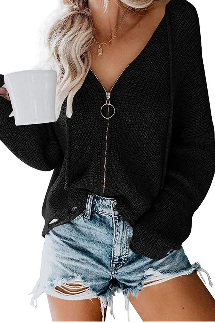Knit V-neck sweater for women with full zip and relaxed fit Lune London