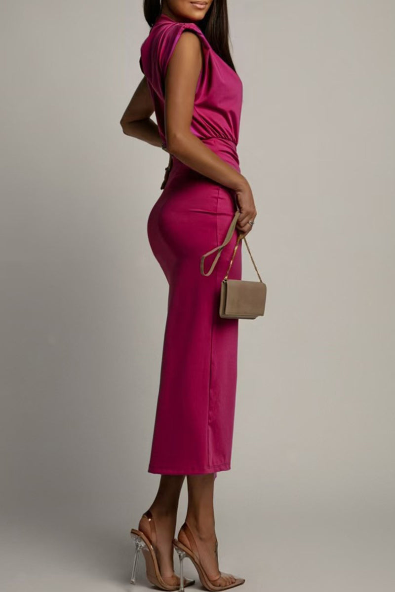Lune London | Elegant Slit Gathered O-Neck Wrapped Dress - 3 Colors