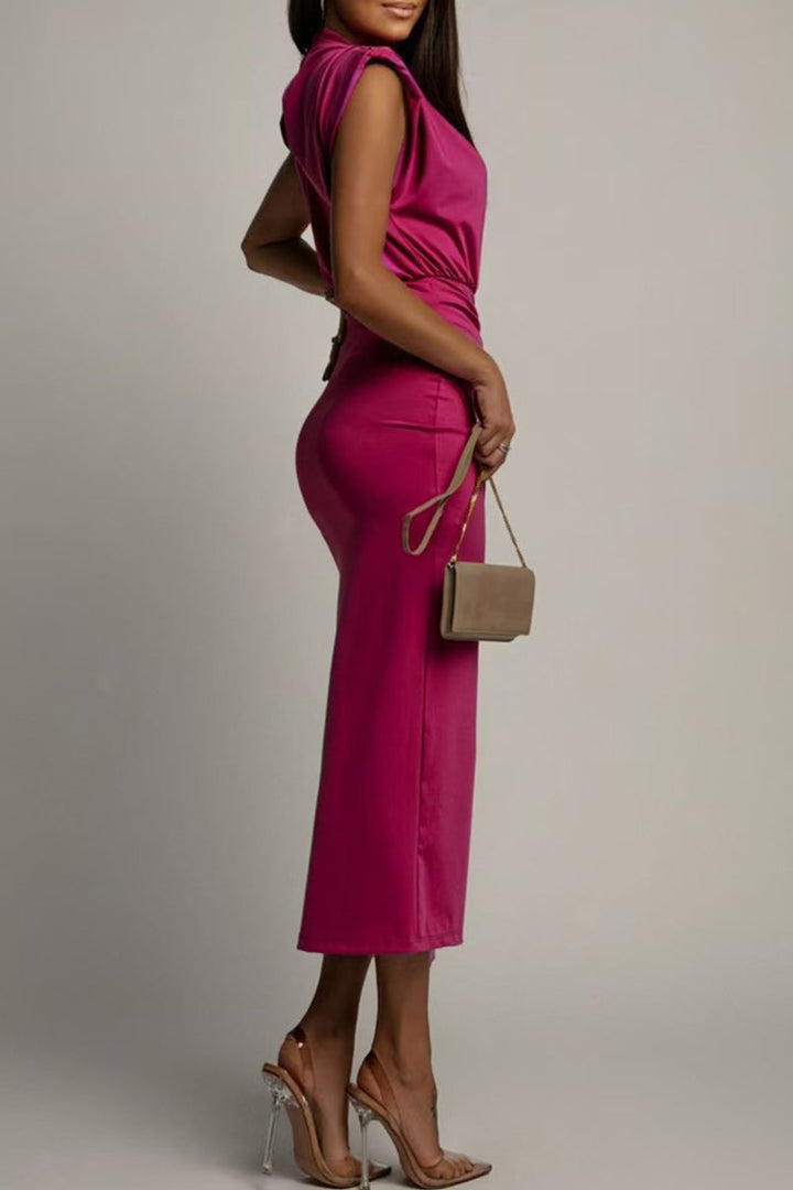 Lune London | Elegant Slit Gathered O-Neck Wrapped Dress - 3 Colors