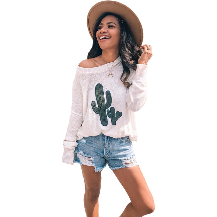 Sweater surdimensionné pour femmes avec un design de cactus décontracté et un col rond Chic & Stil