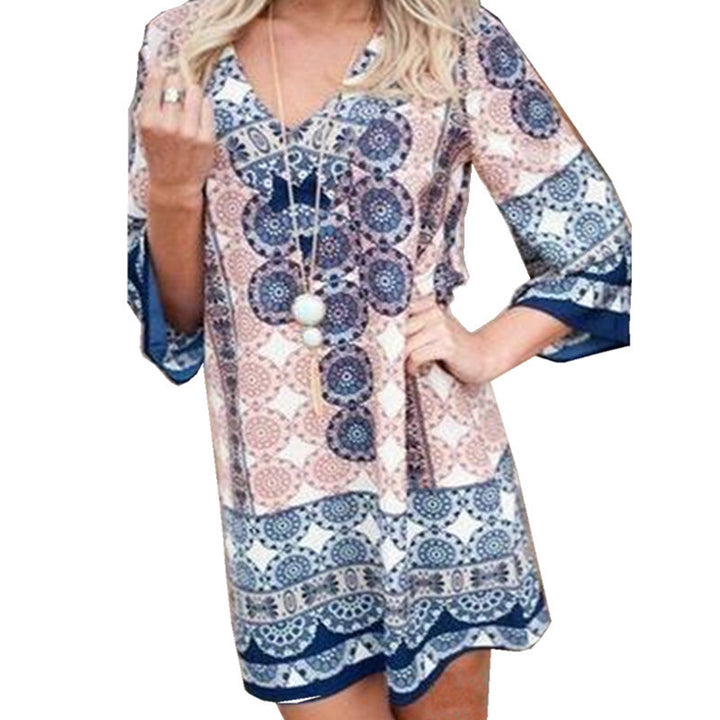 Casual short dress for women with a colorful mandala pattern and flared sleeves Lune London