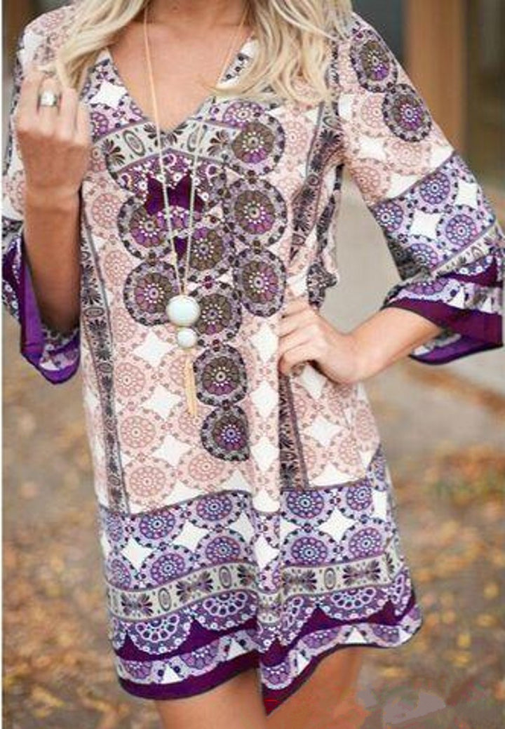 Casual short dress for women with a colorful mandala pattern and flared sleeves Lune London