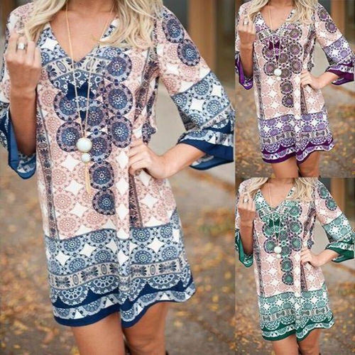 Casual short dress for women with a colorful mandala pattern and flared sleeves Lune London