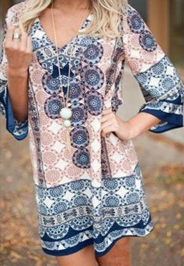 Casual short dress for women with a colorful mandala pattern and flared sleeves Lune London