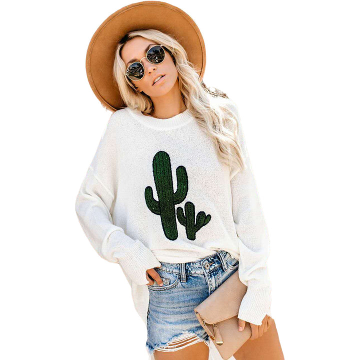 Sweater surdimensionné pour femmes avec un design de cactus décontracté et un col rond Chic & Stil