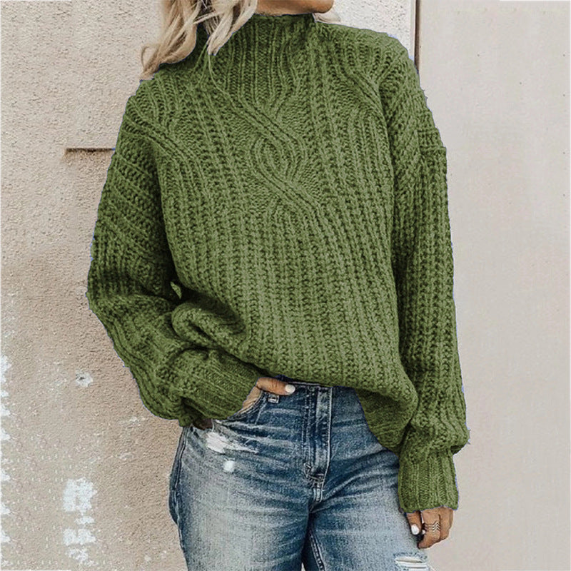 Thick knitted sweater for women with a high collar and cable knit pattern Lune London