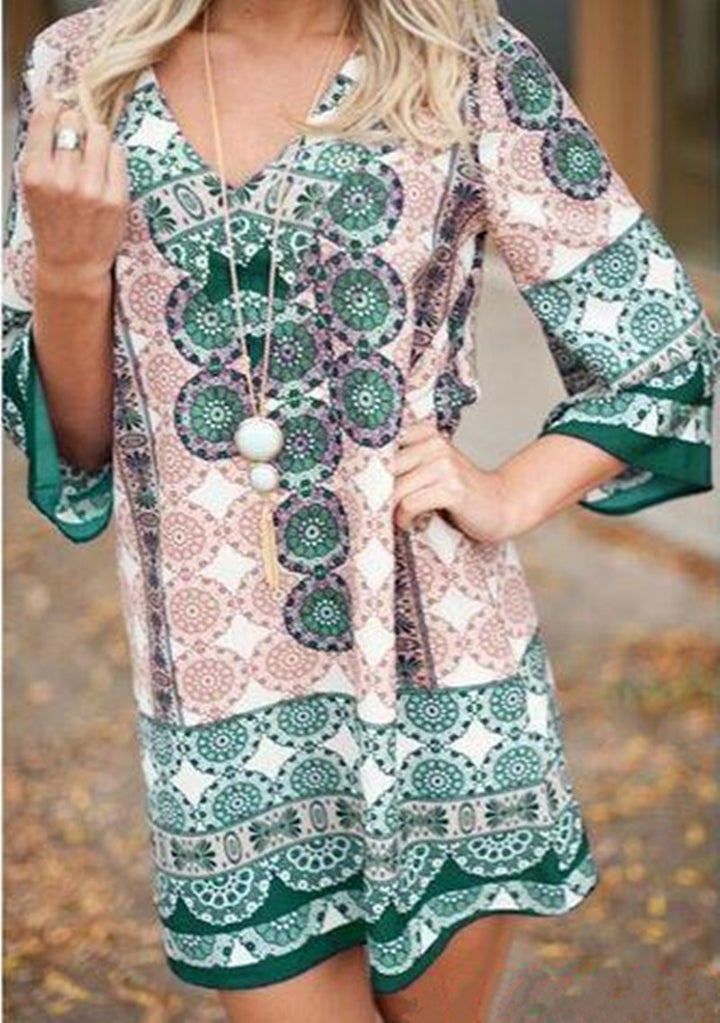 Casual short dress for women with a colorful mandala pattern and flared sleeves Lune London