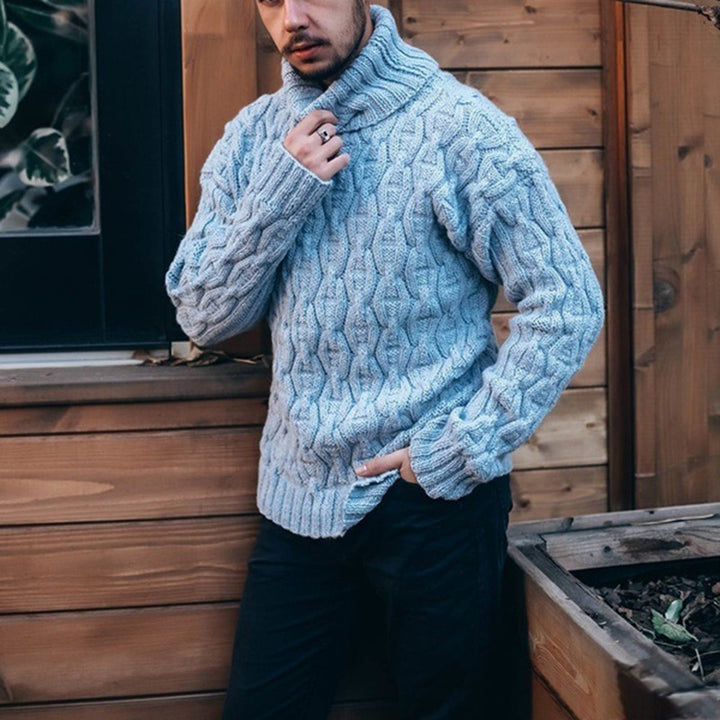 Chunky knit sweater for men with high neck and textured cable design Lune London