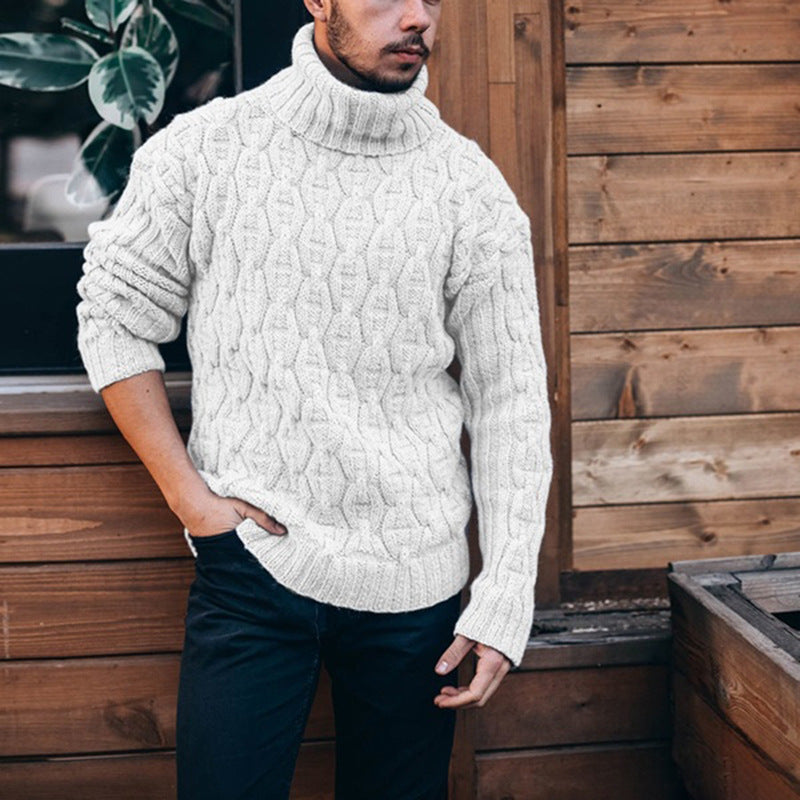 Chunky knit sweater for men with high neck and textured cable design Lune London