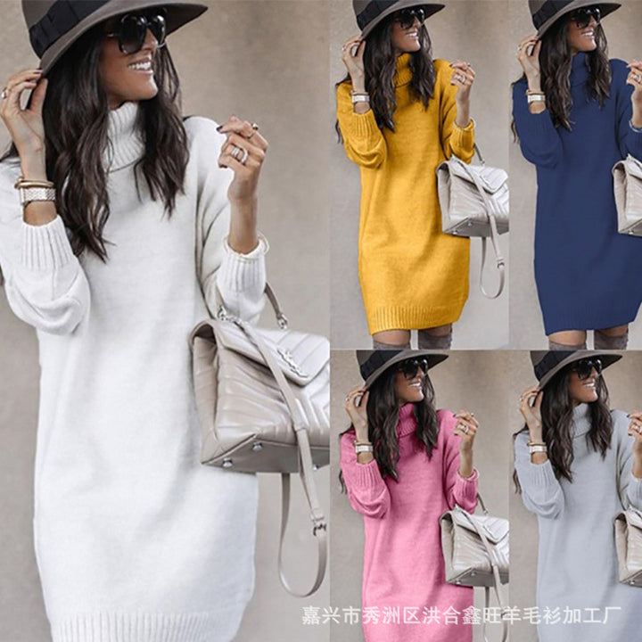 Chunky knit sweater dress for women with high collar and soft material Lune London