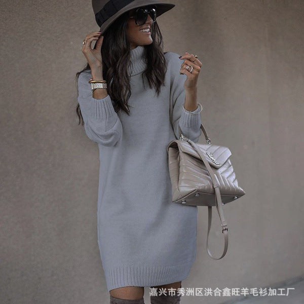 Chunky knit sweater dress for women with high collar and soft material Lune London