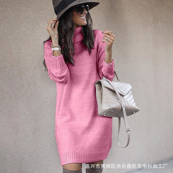 Chunky knit sweater dress for women with high collar and soft material Lune London