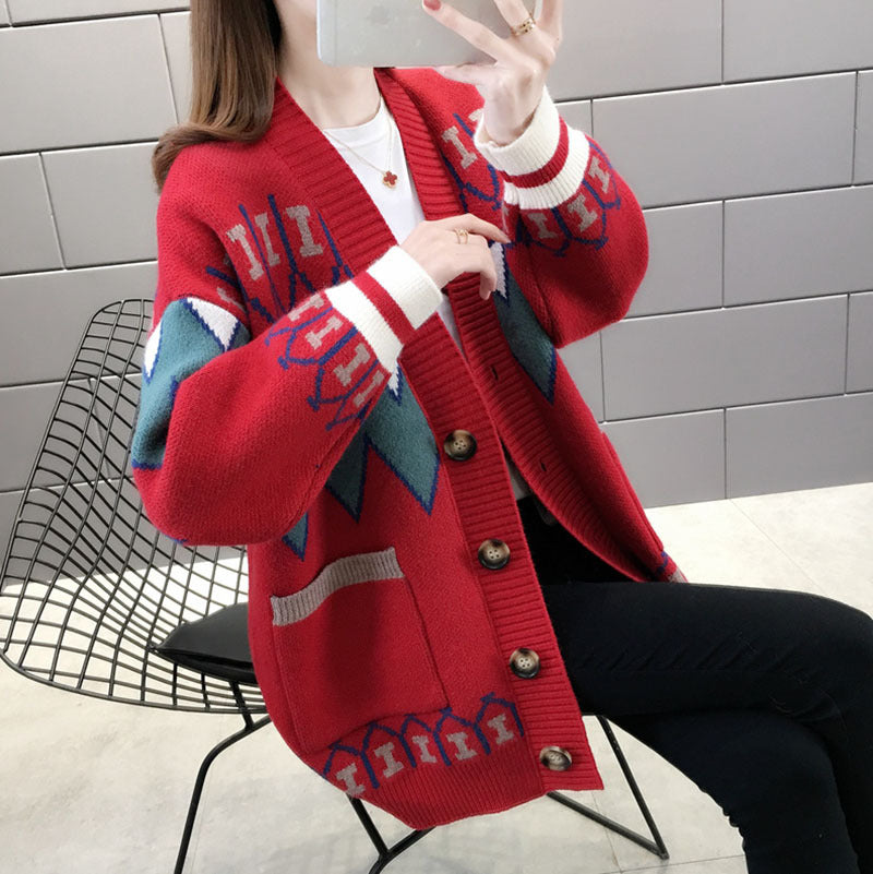 Knitted pattern jacket for women with large pockets and button details Lune London