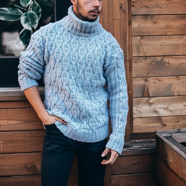 Chunky knit sweater for men with high neck and textured cable design Lune London