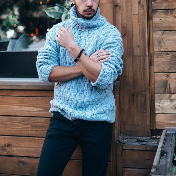 Chunky knit sweater for men with high neck and textured cable design Lune London