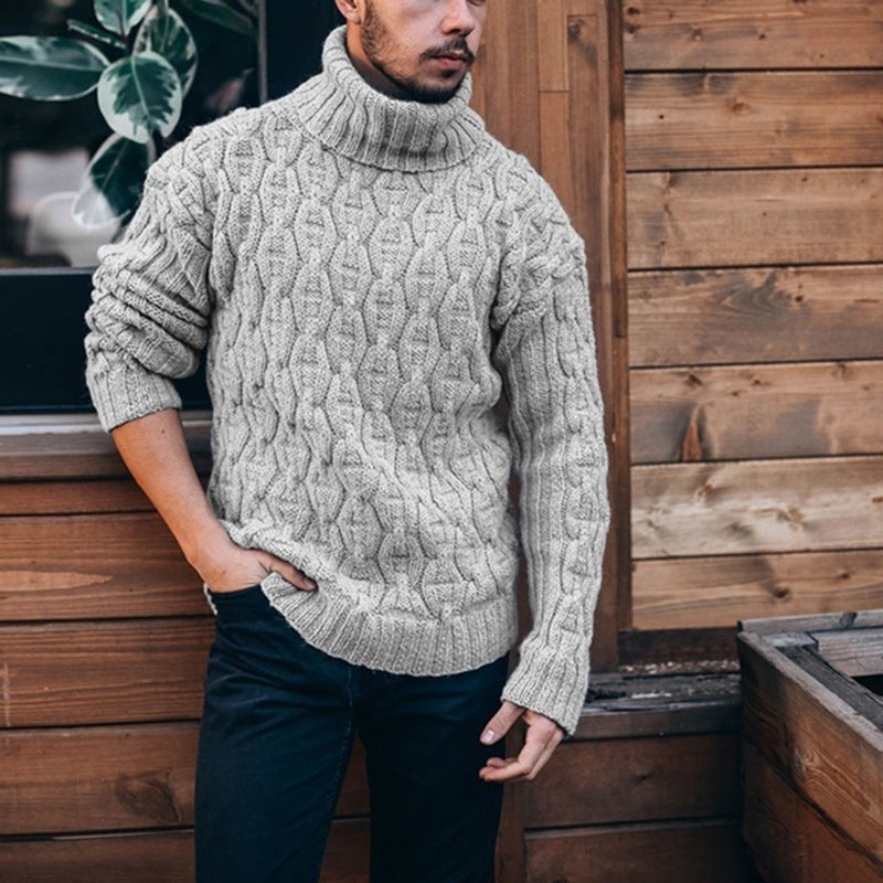 Chunky knit sweater for men with high neck and textured cable design Lune London