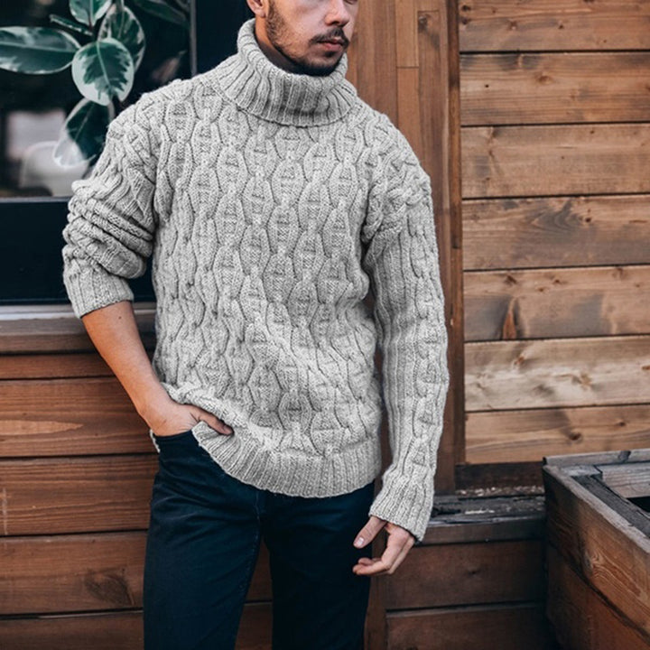 Chunky knit sweater for men with high neck and textured cable design Lune London