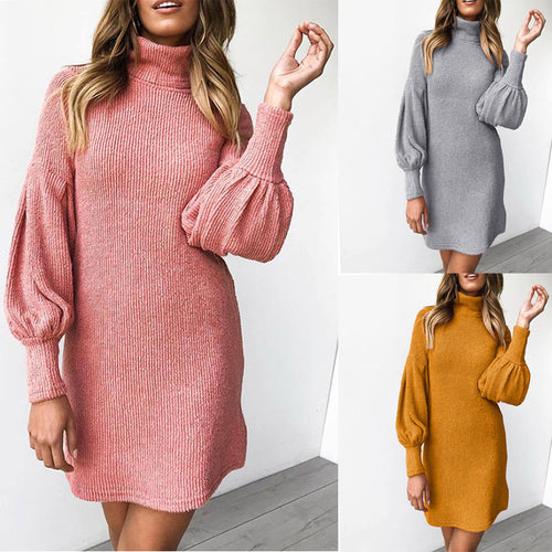Knit dress in cozy material for women with high neck and puff sleeves Lune London