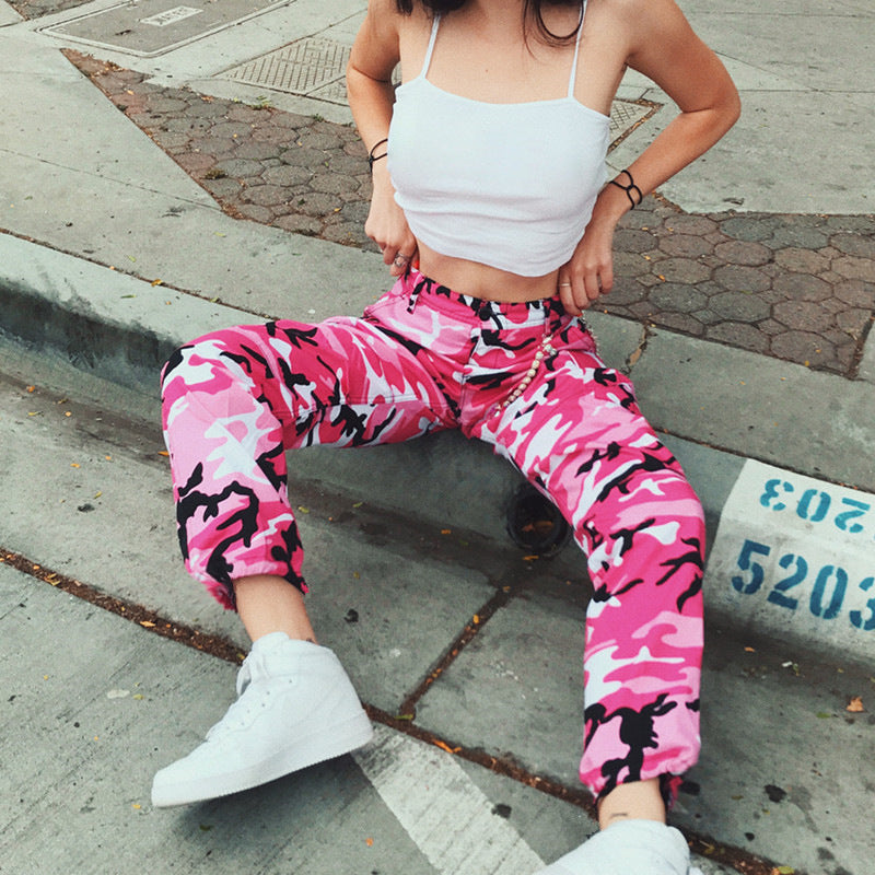 Women's cargo pants with a modern camouflage design, elastic waistband, and practical pockets Lune London