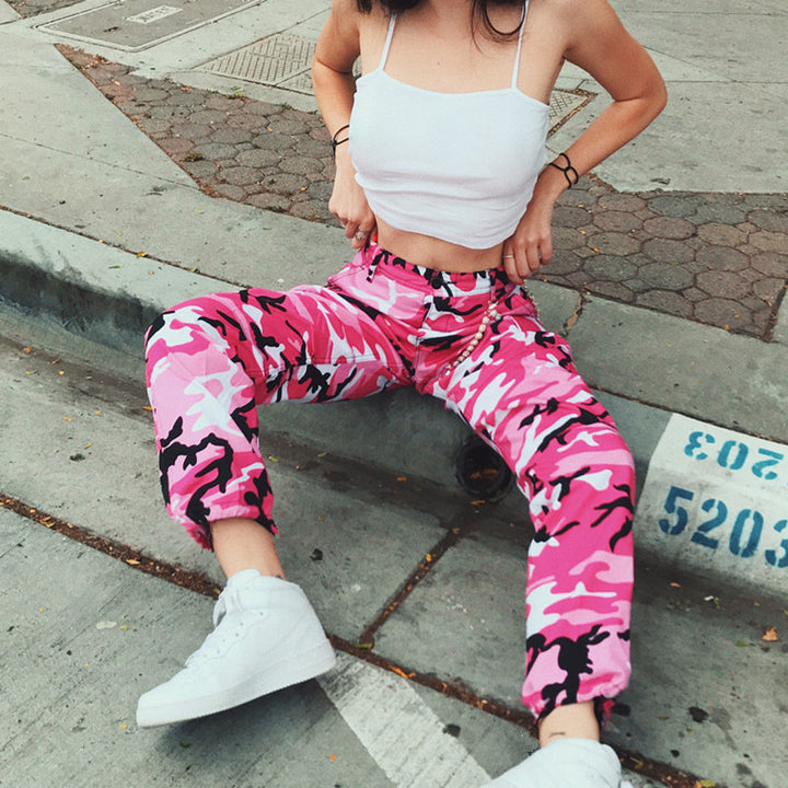 Women's cargo pants with a modern camouflage design, elastic waistband, and practical pockets Lune London