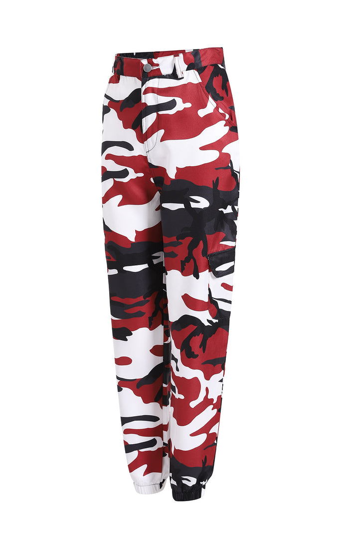 Women's cargo pants with a modern camouflage design, elastic waistband, and practical pockets Lune London