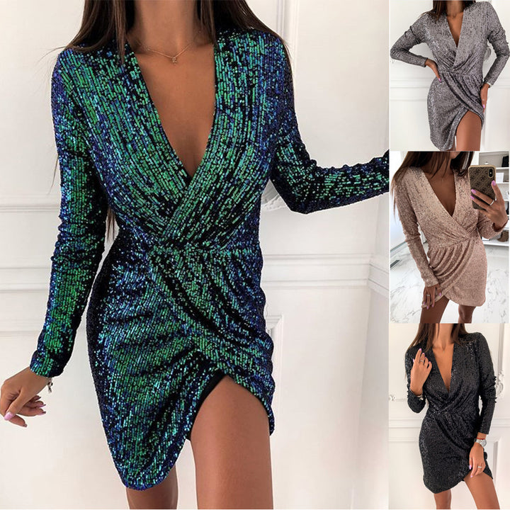 Shiny cocktail dress for women with V neckline and long sleeves Lune London