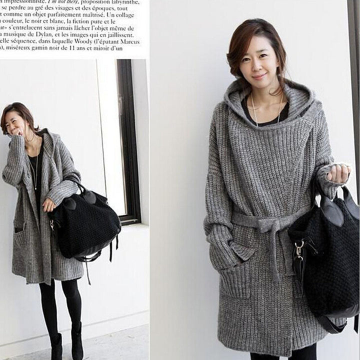Ladies Long Knit Coat with Comfortable Pockets and Hood Lune London