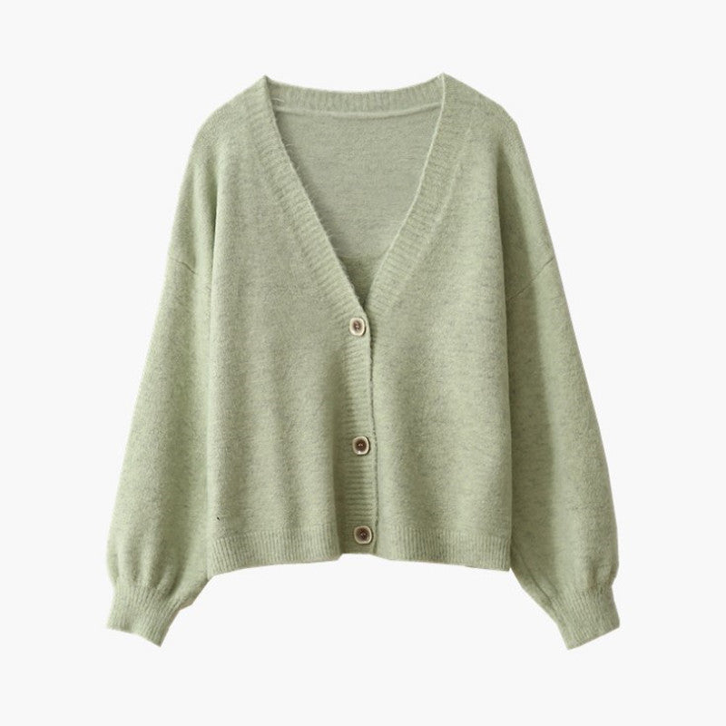 Loose knit jacket for women with V-neck and button closure Lune London