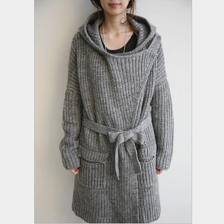 Ladies Long Knit Coat with Comfortable Pockets and Hood Lune London