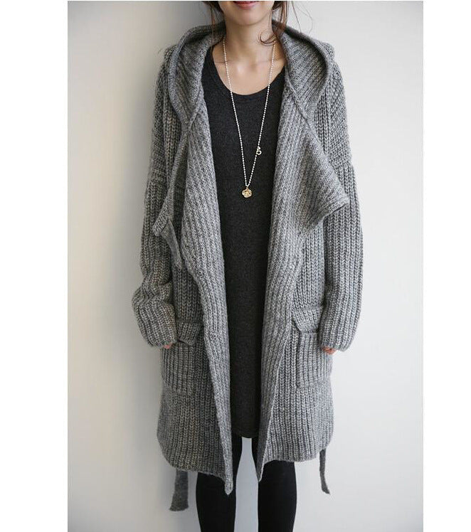 Ladies Long Knit Coat with Comfortable Pockets and Hood Lune London