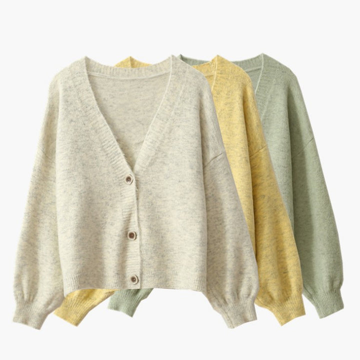 Loose knit jacket for women with V-neck and button closure Lune London