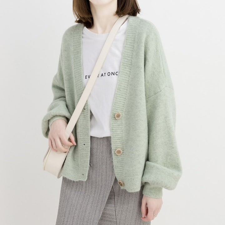 Loose knit jacket for women with V-neck and button closure Lune London