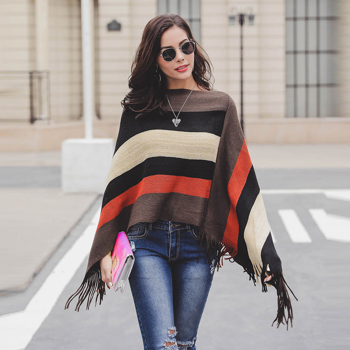 Lady poncho with fringes and modern striped pattern Lune London